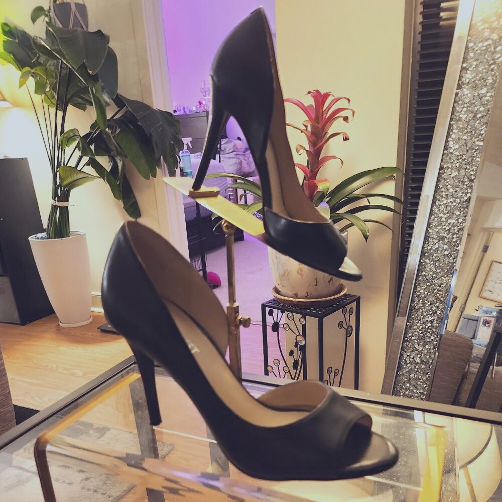 Nine West Black Leather High Heel D'Orsay Open Toe Pumps